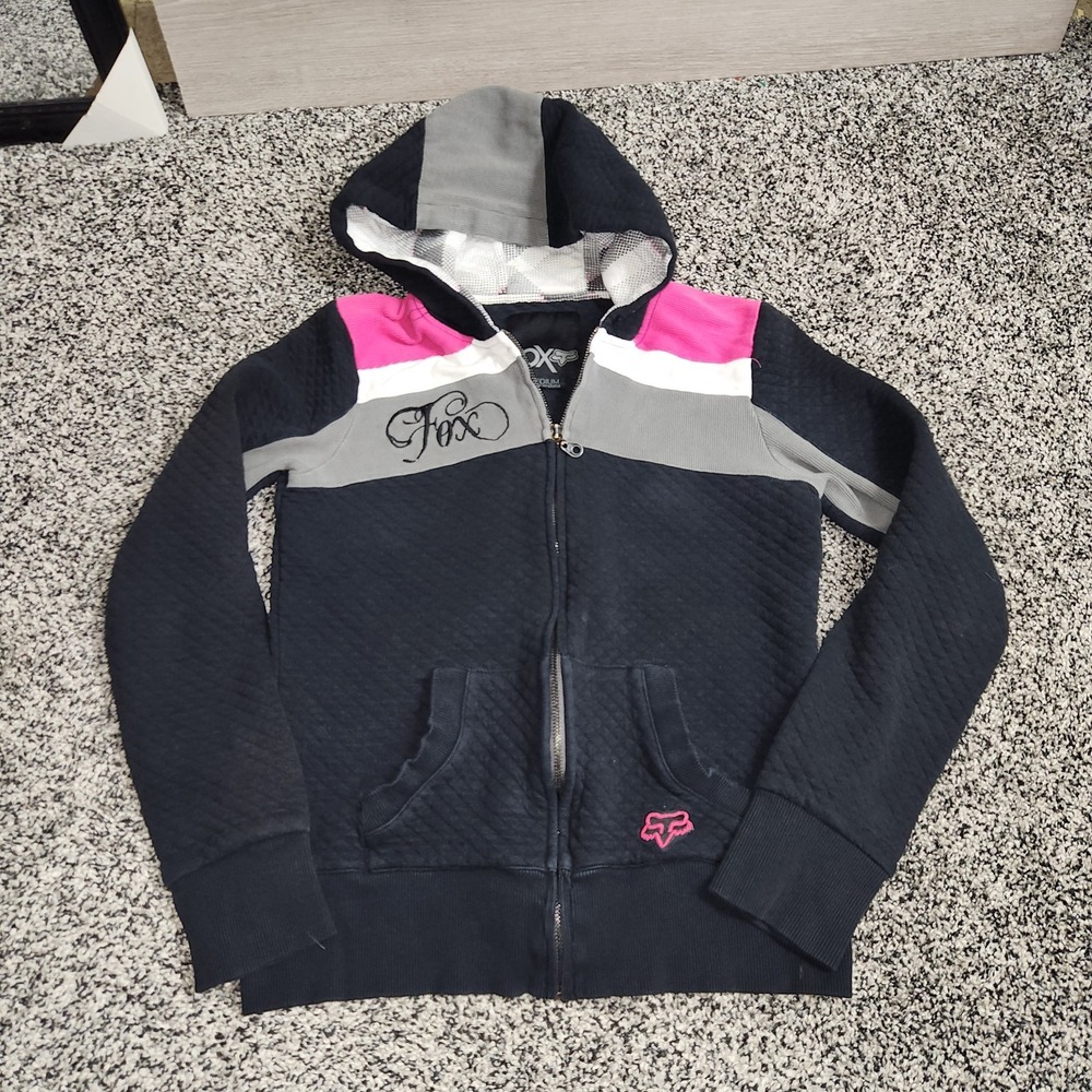 Vtg Y2K Fox Racing Full Zip Hoodie Black Pink Gray Womens M,Dirtbike Punk Skater